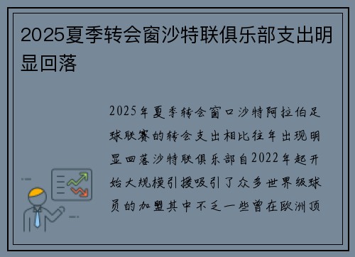 2025夏季转会窗沙特联俱乐部支出明显回落